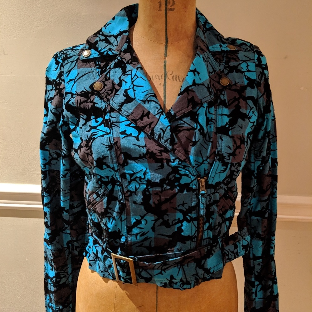 90s Blue Plaid Moto Jacket